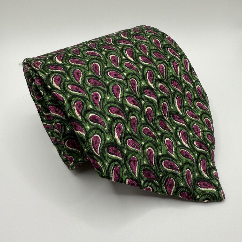 Neiman Marcus 100% Silk Tie Green Pink/Purple Luxury Made in USA Paisley Print